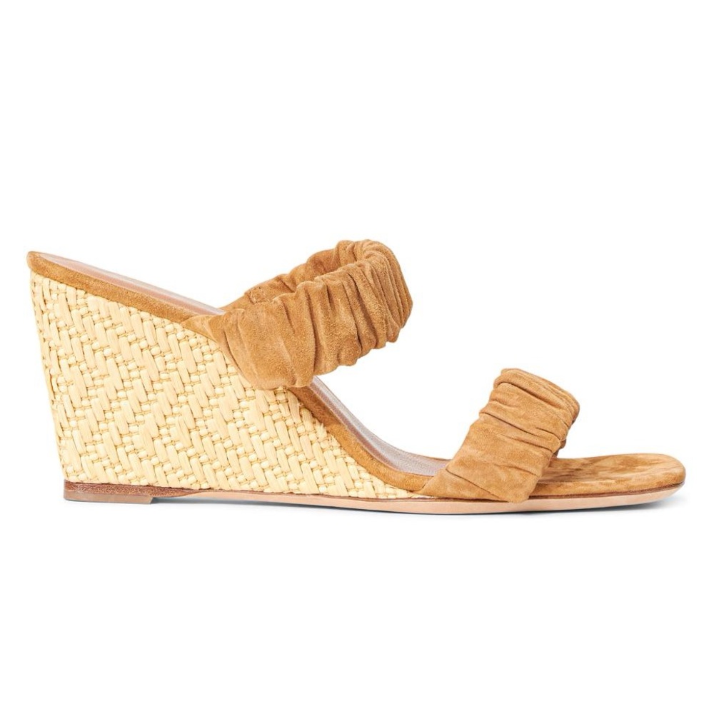 NWOT STAUD Frankie Wedge Sandals in Cashew Natural Suede. Size 9, 3” Heel.